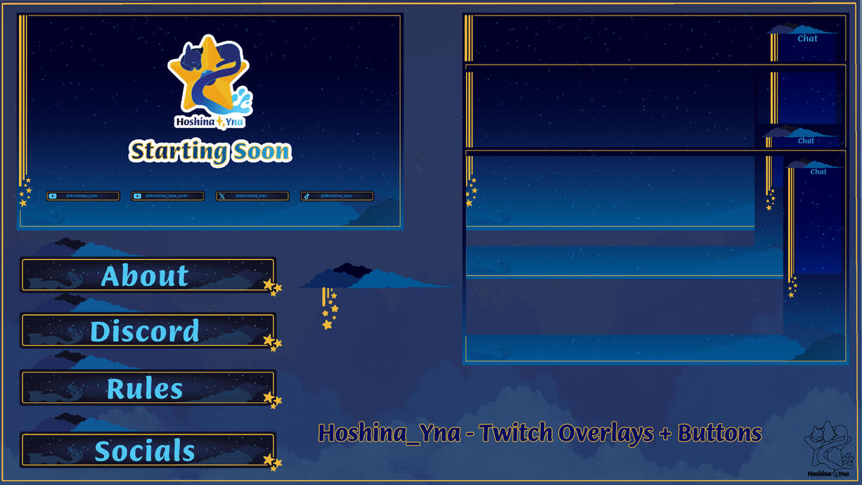 A display of overlays, buttons, and a still image of an alert animation for Twitch.